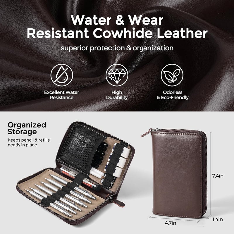 Nicpro 30PCS Silver Metal Mechanical Pencils Set in Leather Case, Art Drafting Pencil 0.5, 0.7, 0.9 mm, 2mm Lead Pencil Holder for Sketching Drawing With 16 Tube (6B 4B 2B HB 2H 4H Colors)Lead Refill - Image 3